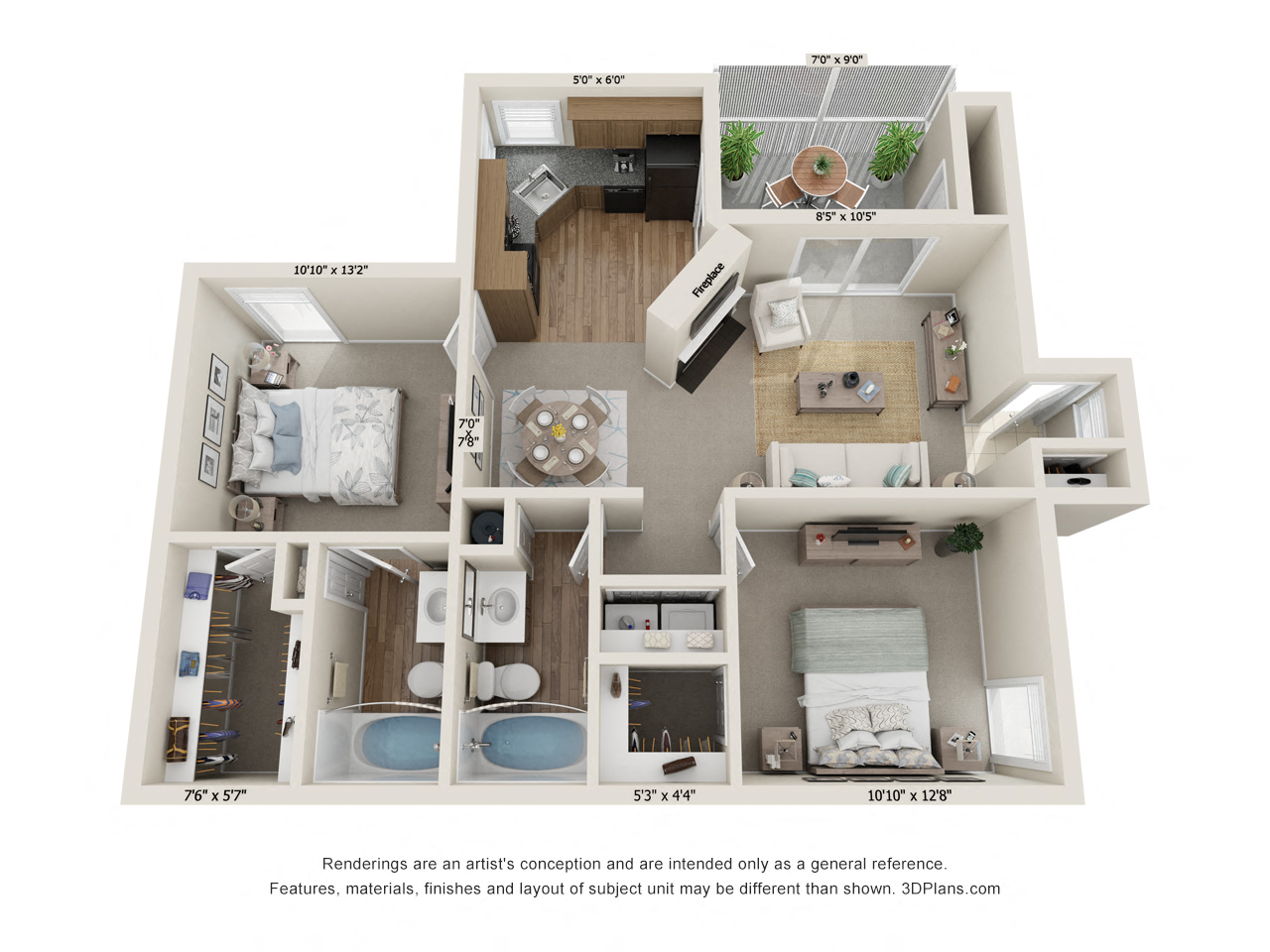 Floor plan for 2 beds, 2 baths, 1022 sqft